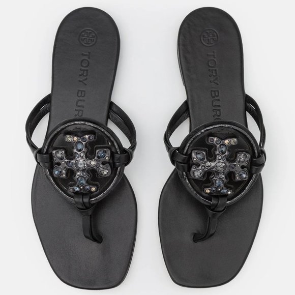 Tory Burch Miller Jeweled Embellished Crystal Leather Thong Sandals Black Sz 5.5 - Picture 2 of 12